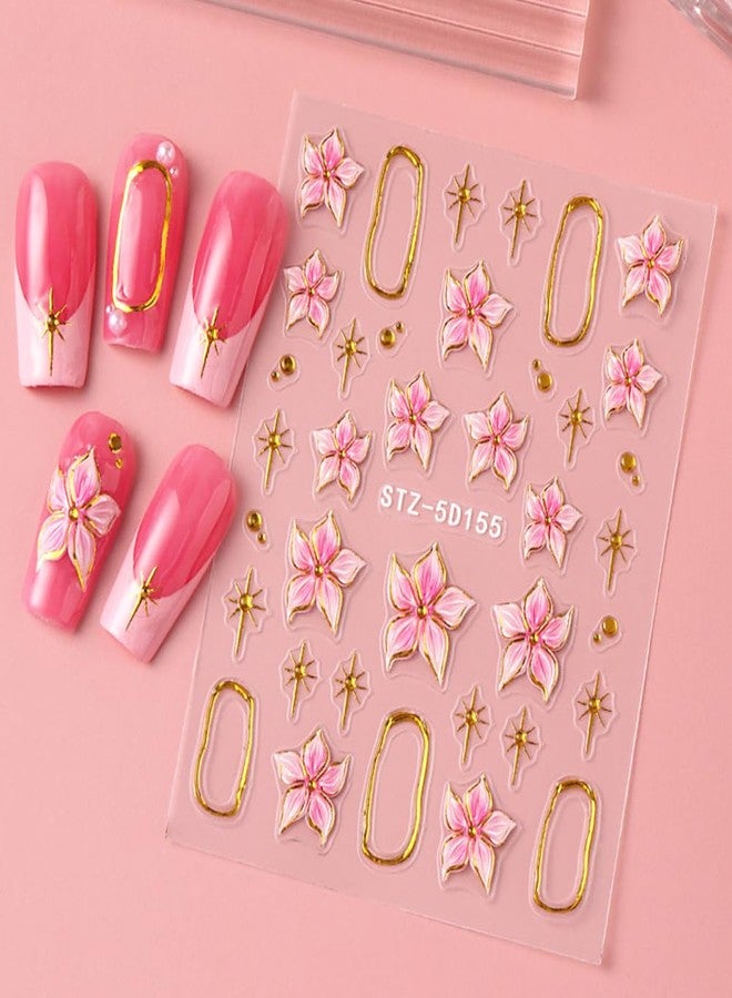JALIYA 2pcs 5D Embossed Hibiscus Flower Nail Stickers Ice Flower Nail Decals Pink Flowers With Golden Metal Ring Charm Self-Adhesive Sticker Nails for Women Floral Decor Nail Art Sticker Manicure Decorations - Image 2